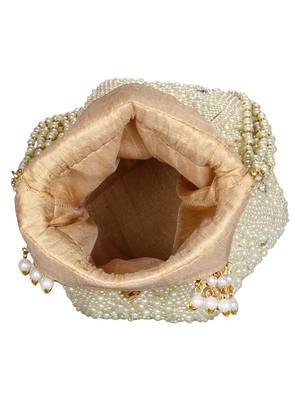 Anekaant Lotus Artsilk Party Potli Bag White and Gold 4