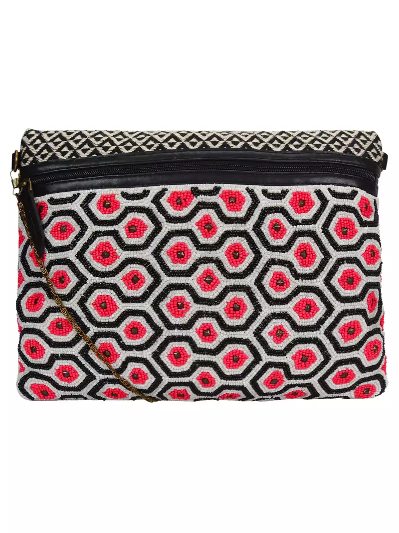 Anekaant Diamondus Pink Beaded Cotton Sling bag
