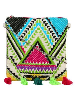 Anekaant Spruce Green & Multicoloured Jacquard and Cotton Sling bag 1