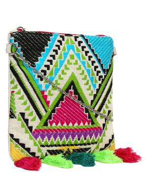 Anekaant Spruce Green & Multicoloured Jacquard and Cotton Sling bag 2