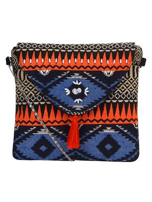 Anekaant Spruce Orange & Multicoloured Jacquard and Cotton Sling bag 1