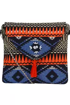 Anekaant Spruce Orange & Multicoloured Jacquard and Cotton Sling bag