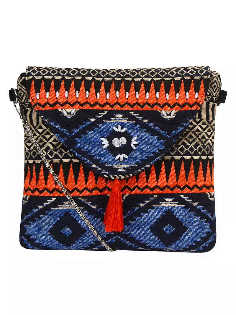 Anekaant Spruce Orange & Multicoloured Jacquard and Cotton Sling bag