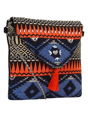Anekaant Spruce Orange & Multicoloured Jacquard and Cotton Sling bag 2