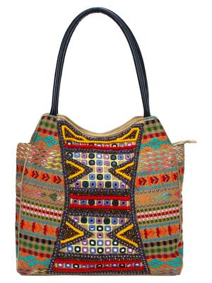 Anekaant Fleecy Multicoloured Beaded Jacquard and Cotton Handbag 1