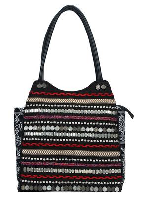 Anekaant Glitzy Black & Multicoloured Jacquard and Cotton Handbag 1