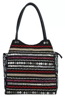 Anekaant Glitzy Black & Multicoloured Jacquard and Cotton Handbag