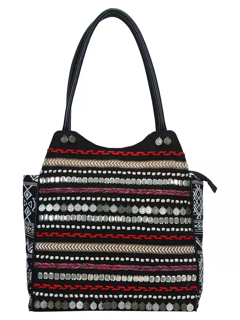Anekaant Glitzy Black & Multicoloured Jacquard and Cotton Handbag