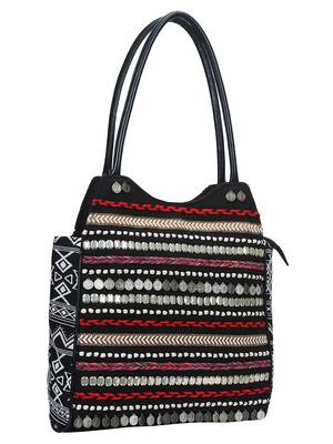 Anekaant Glitzy Black & Multicoloured Jacquard and Cotton Handbag 2