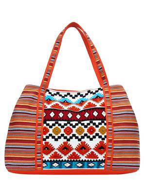 Anekaant Embroider Orange & Multicoloured Jacquard Handbag 1