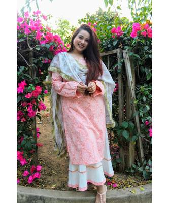 Peach Khadi Print Suit Set 1