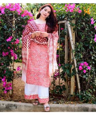 Cymbidium Orchid Pastel Peach Chanderi Suit Set 1
