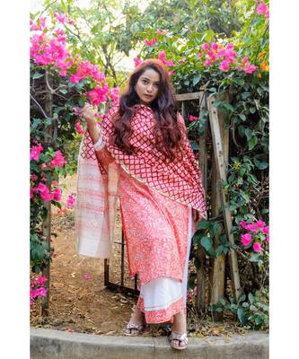 Cymbidium Orchid Pastel Peach Chanderi Suit Set 2
