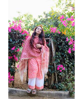 Cymbidium Orchid Pastel Peach Chanderi Suit Set 3
