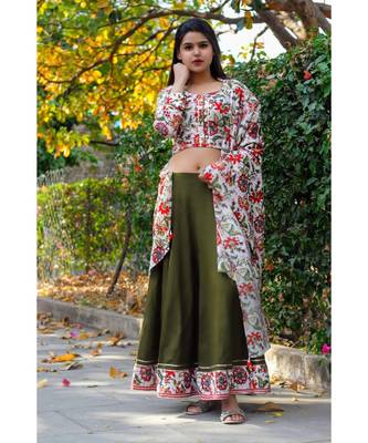 Olive Green Floral Bageecha Lehnga Set 1