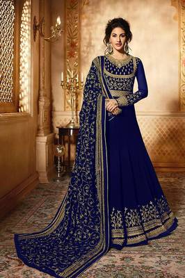 Royal blue embroidered faux georgette anarkali suit  1