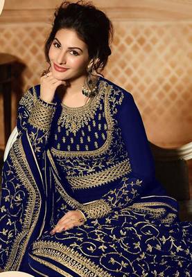 Royal blue embroidered faux georgette anarkali suit  2
