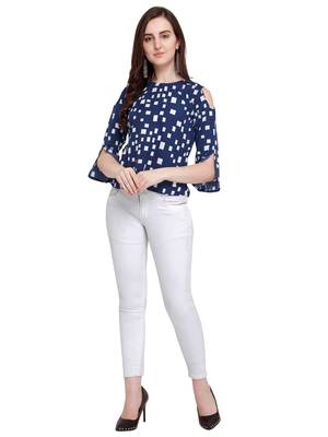 Navy Blue Printed Crepe Party Tops 1
