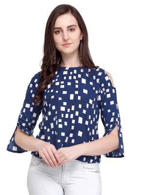 Navy Blue Printed Crepe Party Tops 2