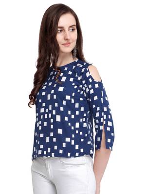 Navy Blue Printed Crepe Party Tops 3
