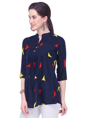 Navy blue printed rayon party tops 2