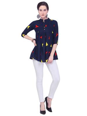 Navy blue printed rayon party tops 1