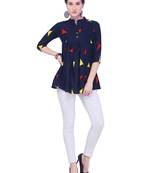 Navy blue printed rayon party tops