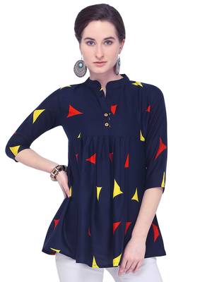 Navy blue printed rayon party tops 3