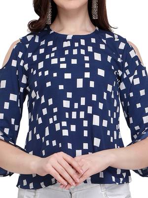 Navy Blue Printed Crepe Party Tops 5