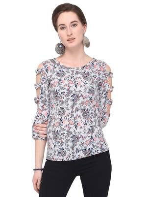 White Printed Crepe Party Tops 2