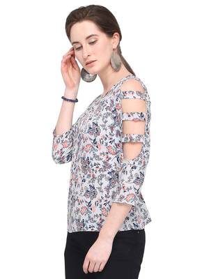 White Printed Crepe Party Tops 3