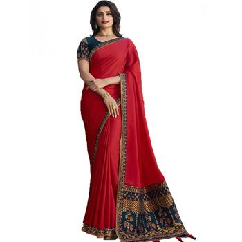 Red woven jacquard saree with blouse 1