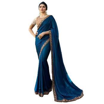 Blue embroidered faux georgette saree with blouse 1