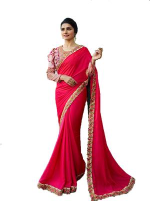 Red embroidered faux georgette saree with blouse 1