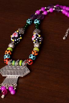 Designer Necklace with German Silver Pendant and Mix Ornaments and Beads PPBJ226