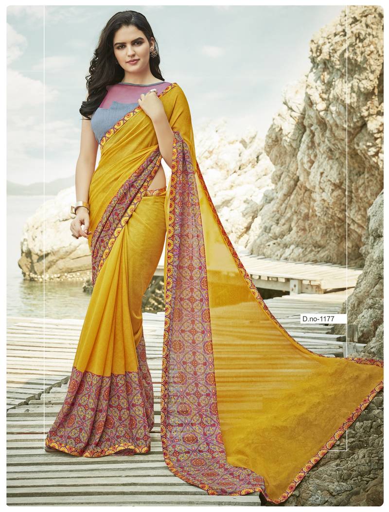 Women's Georgette Yellow Embellished Designer Saree With Blouse Piece