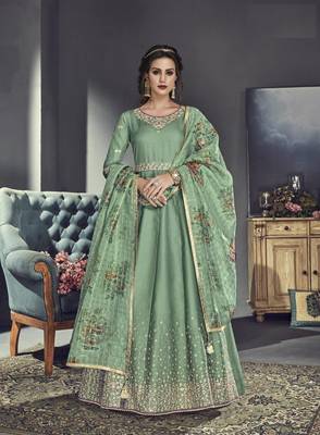 Green embroidered silk salwar with dupatta 1