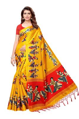 Yellow printed art silk saree with blouse 1