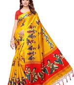Yellow printed art silk saree with blouse