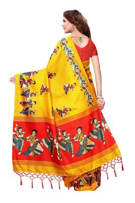 Yellow printed art silk saree with blouse 2