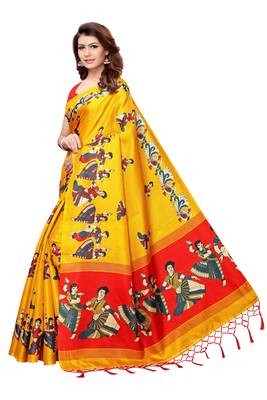 Yellow printed art silk saree with blouse 3