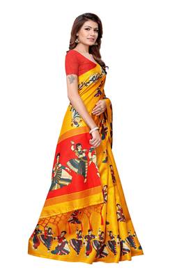 Yellow printed art silk saree with blouse 4