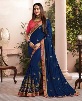 Navy Blue Embroidered Silk Blend Saree With Blouse 1