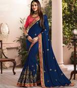 Navy Blue Embroidered Silk Blend Saree With Blouse