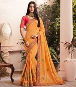 Orange Embroidered Silk Blend Saree With Blouse