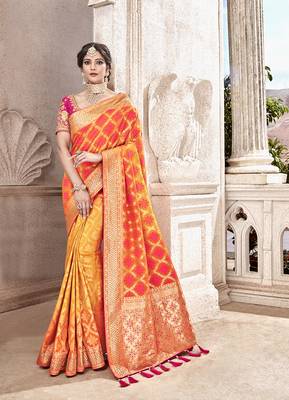 Orange embroidered silk saree with blouse 1