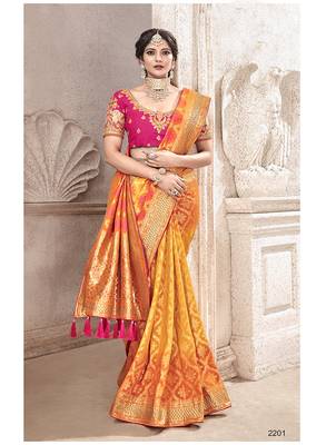 Orange embroidered silk saree with blouse 2