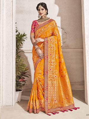 Orange embroidered silk saree with blouse 1