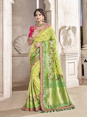 Green embroidered silk saree with blouse 1