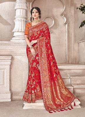 Red embroidered silk saree with blouse 1